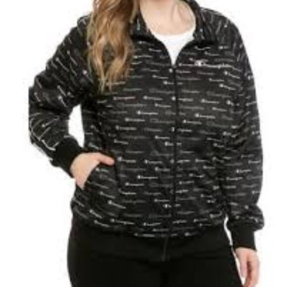 Champion Black Monogram Long Sleeve Cuffed Wrist Zippered Track Jacket WM US 2XL - Picture 7 of 12